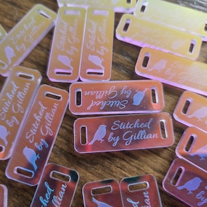 Acrylic tags in Iridescent Rainbow or Mirror Pink! 1.4" x .5" - tags for knitted, crocheted items - branding - best on medium to dark wool