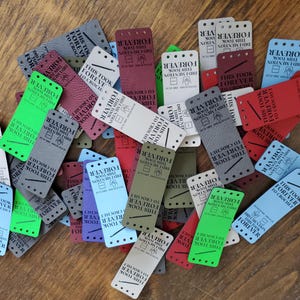 Fun large tags - This took forever to knit or crochet - lots of colours - sold in sets of 5 - 3&quot; x 1.1&quot; with sew holes