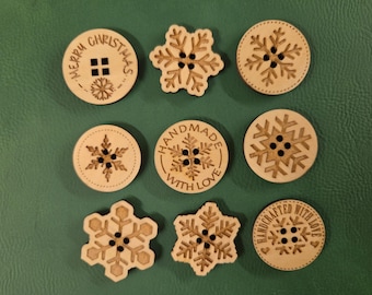 SET of 9 - Decorative Snowflake Christmas themed 1.25" buttons in 3mm maple coated plywood perfect to accent your gifts or ornaments