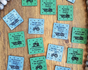 Ready to Ship Tractor themed tags in Denim or Green 1.5" x 1.5" square - round corners - 12 holes - 8 choices