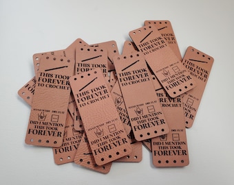 Fun large tags - This took forever to knit or crochet - lots of colours - sold in sets of 5 - 3" x 1.1" with sew holes