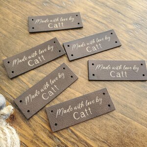 Set of 20 Vegan leather labels .75" x 2" - 4 holes - Customized by NAME only - perfect gift for crafter/maker - quick turnaround & ship
