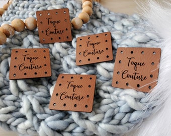 Vegan leather labels 1.5" x 1.5" square with round corners - 12 holes - custom tags for knit or crocheted items - branding - small business