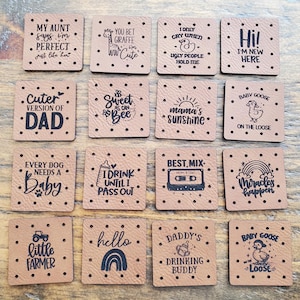 Baby tags - 30 great choices - Rawhide Vegan leather labels 1.5" x 1.5" round corners - 12 holes- READY to Ship - great for markets/gifts