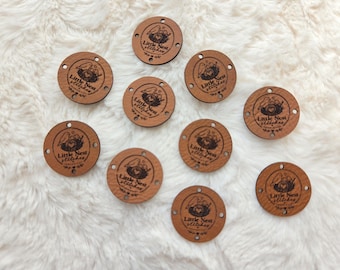 Vegan leather labels .9" round with 2 holes - fits a few words, symbol or a clear logo - custom tags for knit or crocheted items
