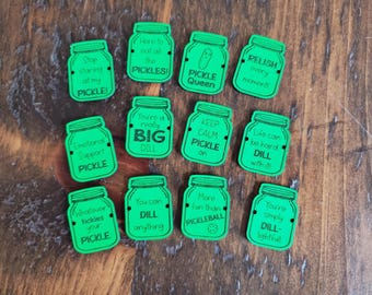 SET of 12 Ready to SHIP tags for Crocheted Pickles 1 x 1.25" -2 holes for a quick sew- white or neon green/black engraved tags