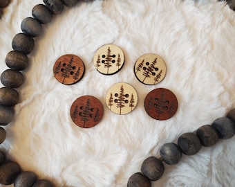 READY to Ship 1" Wooden Pine Tree buttons - gorgeous Sapele or Maple wood - perfect addition to projects -beautifully engraved ready to ship