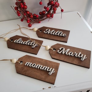 Beautiful - Christmas tags - 5" x 2.5" - Rustic stain with natural wooden bead and twine - personalized with name