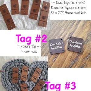 May include: A collection of rectangular and square faux leather tags in various shades of brown. The tags feature engraved text and logos, including Stitches n Smiles, Crocheted by Ellen, and Mantada Knit, with pre-punched holes for rivets or sewing.