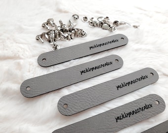 Rivet style vegan leather tags .6 x 3.5" - RIVETS not included- hole 3mm- text parallel to tag-priced for one side only - cost effective