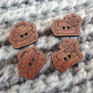 READY to Ship - Book buttons - 2 choices - gorgeous Sapele or Maple wood - perfect addition to projects-beautifully engraved ready to ship