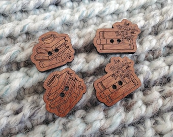 READY to Ship - Book buttons - 2 choices - gorgeous Sapele or Maple wood - perfect addition to projects-beautifully engraved ready to ship