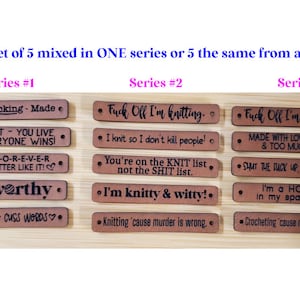 Snarky KNIT tags mix of 5 or 5 the same -  vegan leather tags 2.5 x .4" with 2 sew holes - fun tags for a special gift FREE Regular Mail