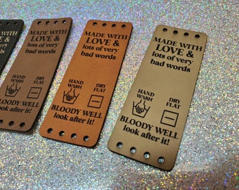 Fun large tags -Made with Love & lots of very bad words -2 bottom choices - sold in sets of 5 - 3" x 1.1" with sew holes - FREE Regular mail