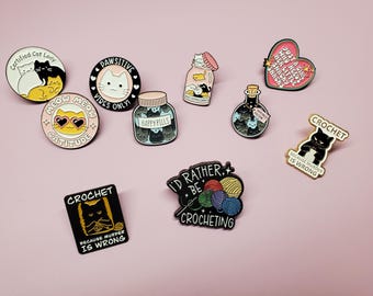 READY to Ship Adorable Enamel Pins - Crochet, cats and more - great gift or for you!