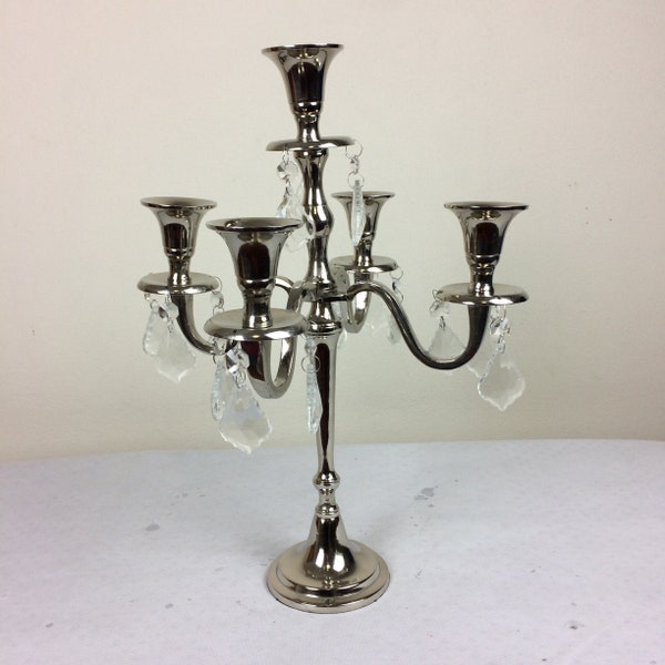 Handmade Metal 5-Arm Candelabra Crystal Drops Wedding Decor Nickel 26x26x32cmNew