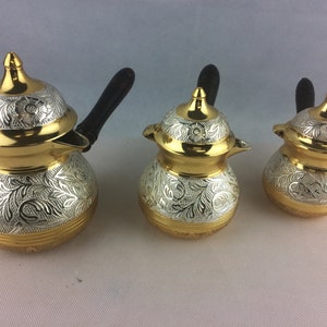 Turkish/Greek Cezve Ibrik Handcrafted Antique Brass 6/4/2CC Set of 3 w Handle