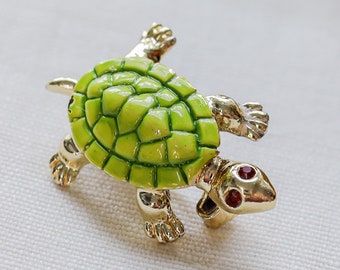 Small vintage turtle brooch Cute green enamel tortoise pin Tiny rhinestone gold tone totem spirit animal