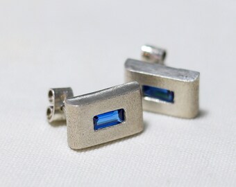 Vintage brutalist stud earrings Sterling silver sparkly studs with blue cubic zirconia