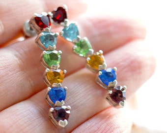 Vintage rainbow earrings Rhinestone sterling silver dangle earrings Heart crystal studs Signed LENOX