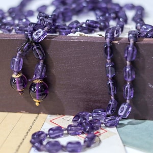 Oversize vintage amethyst plastic necklace Extra long knotted beaded necklace 72 inches