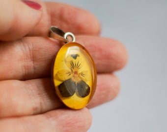 Cottagecore pendant Vintage yellow pressed flower Mexico 925 Sterling silver floral pendant