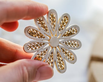 Vintage Coro daisy brooch White enamel gold tone floral pin Cottagecore flower brooch
