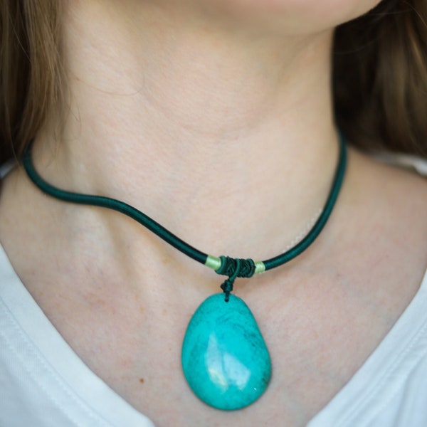 vintage hippie faux turquoise pendentif cordon collier minimaliste menthe ovale pendentif ras de cou