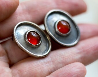 Vintage modernist sterling silver clip on earrings and amber color glass