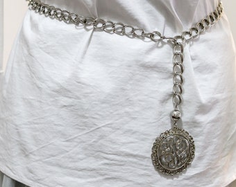 Vintage silver tone waist chain belt 39" with large round circle pendant Adjustable size belt or extra long necklace