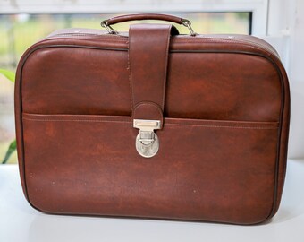 Vintage suitcase Brown faux leather travel luggage Mid century passenger soft case