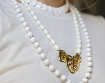 Vintage white beaded necklace set of 3 MONET DIRECTION ONE Gold leaves lucite bead necklace