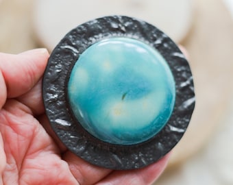 Large Blue Ceramic Brooch, Vintage Ruskin Style Arts and Crafts Statement Pin