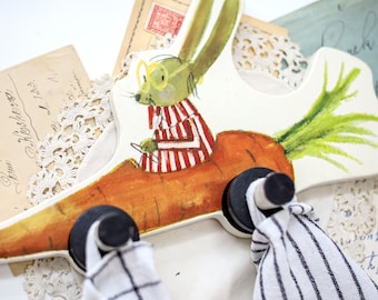 Vintage nursery hanger hare on a carrot car Cute bunny children's coat rack