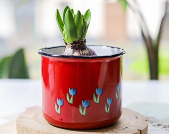 Vintage red enamel mug with delicate flowers Food photography metal mug with black trim and handle Vintage planter