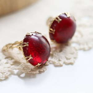 Vintage Red Lucite Clip On Earrings: Gold Tone Statement Jewelry