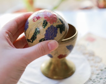 Vintage brass enamel egg trinket box Easter egg shelf decoration Floral pedestal egg figurine