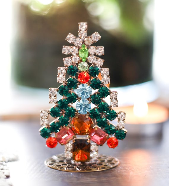 Czech Rhinestone Christmas Tree Figurine: Jeweled Holiday Decor by