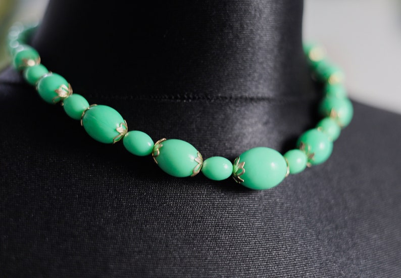 Vintage mint necklace Blue green lucite chunky choker for women Beaded necklace 17 Inches image 2