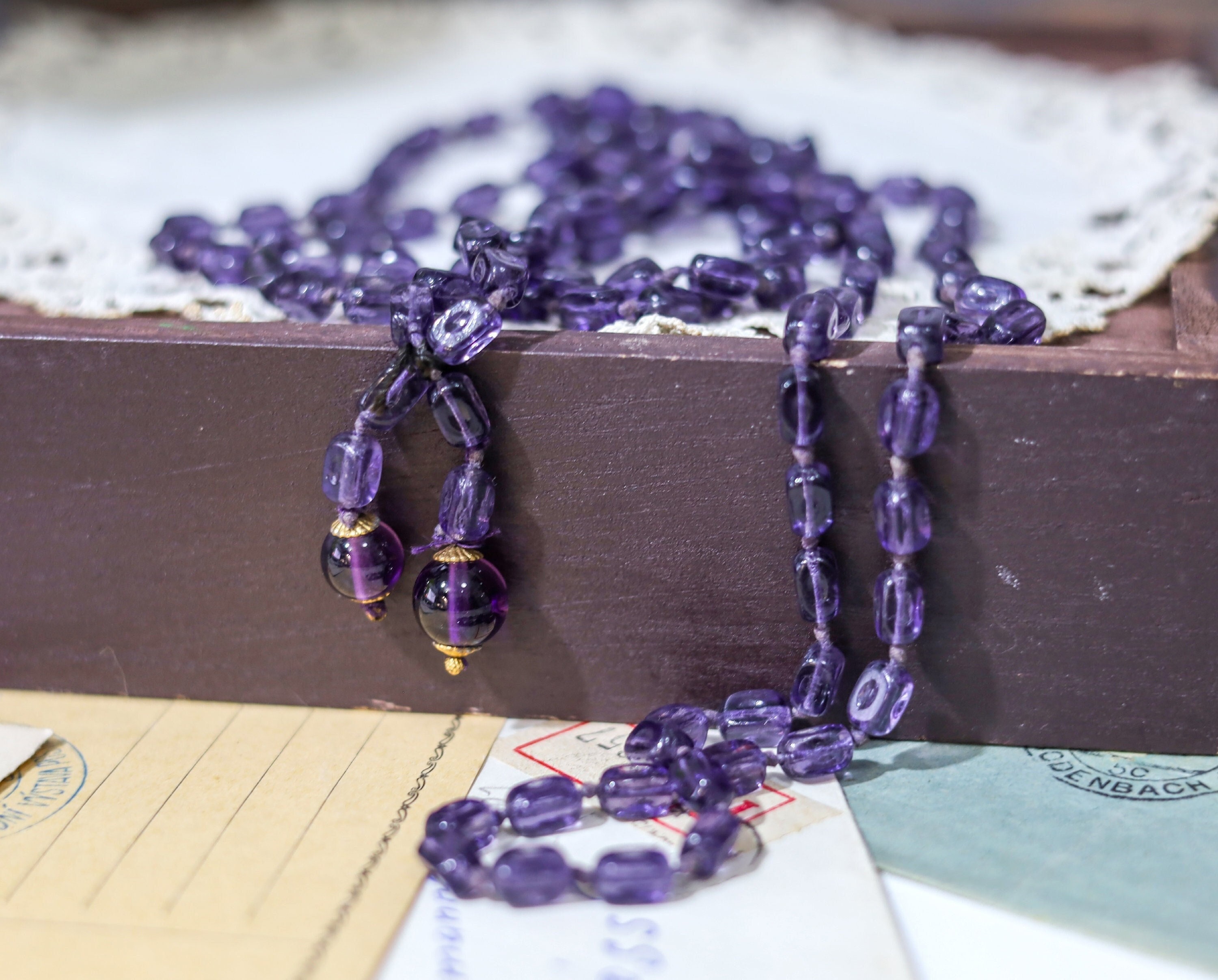Extra Long Amethyst Glass Bead Flapper Necklace