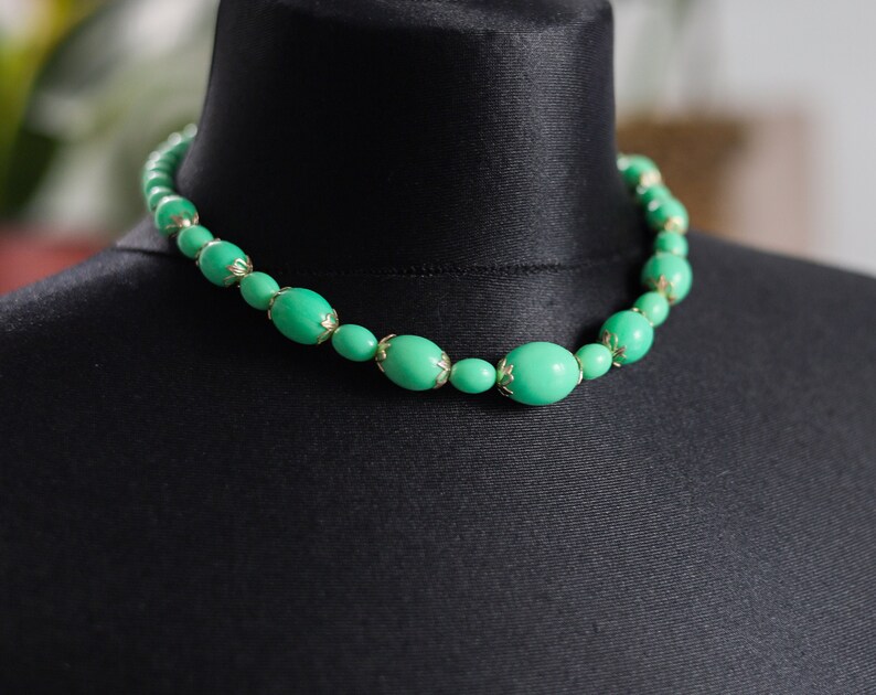 Vintage mint necklace Blue green lucite chunky choker for women Beaded necklace 17 Inches image 4