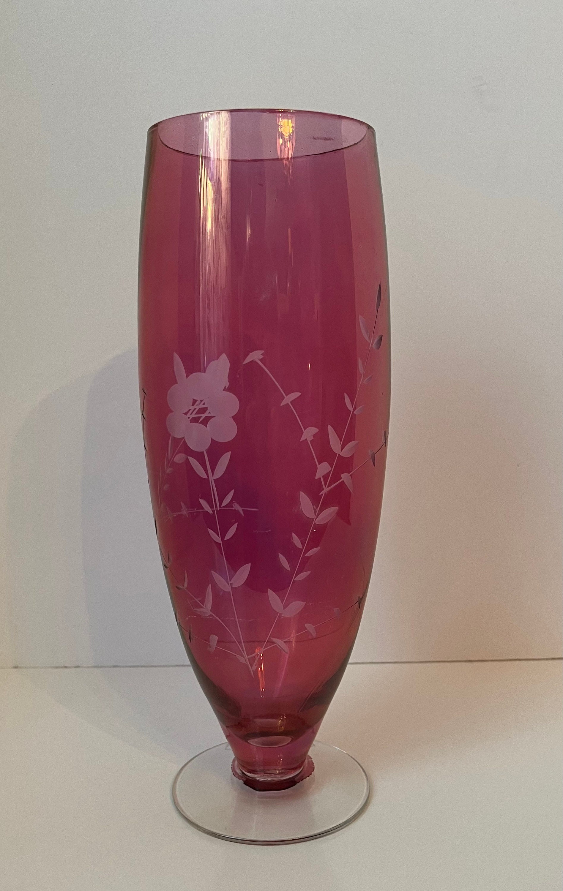Vintage Cranberry Pink Footed Vase with Etched Floral Design