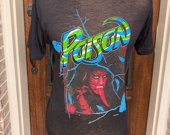 Vintage 1989 Poison open up glam rock music fan concert tour soft Paper thin threadbare tee t shirt 40 M Stretchy