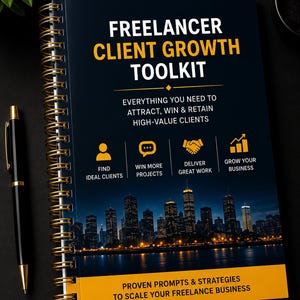 May include: A spiral-bound notebook titled "Freelancer Client Growth Toolkit" with gold accents. The cover features text and icons against a dark blue background, including a cityscape. A black pen with gold trim rests beside the notebook.