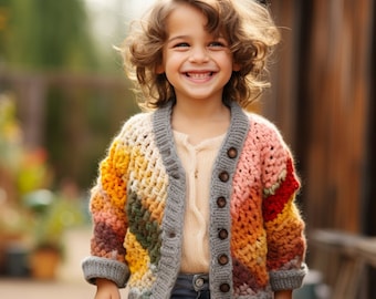 Handmade Children's Crochet Cardigan, Multicolor Kids' Cozy Autumn Shades Sweater, Crochet Kid's Cardigan, Handmade Kid Cardigan