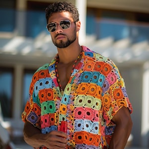 Handmade Crochet Shirt, Granny Square Shirt,  Multi-Color Crochet Shirt, Casual Bohemian Men&#39;s Wear, Unique Gift for Him, Custom Shirt