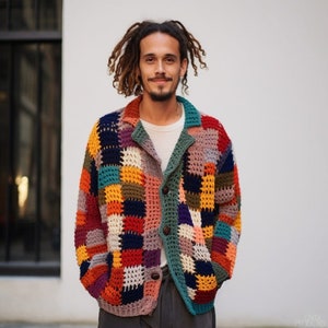 Handcrafted Granny Square Cardigan, Colorful Crochet Sweater, Men's Patchwork Knitwear, Boho Style Jacket, Unique Gift for Him