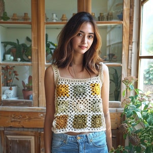 Peut inclure: Une femme portant un haut en crochet blanc avec des carrés jaunes et verts. Le haut a un décolleté carré et des bretelles fines. La femme est debout devant un meuble en bois avec des portes en verre.