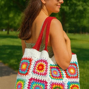Oma Square häkeln Einkaufstasche, mehrfarbige handgemachte Markttasche, Boho Stil Strandtasche, Handwerker handgefertigte Carryall, Patchwork Einkaufstasche