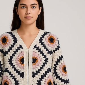 Granny Square Cardigan, Cozy Spring Cardigan, Patchwork Cardigan, Handmade Knitted Jacket, Crochet Cardigan, Mother&#39;s Day Gift, Cozy Knits